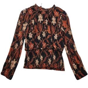 Joie Metallic Floral Top Smocked Long Sleeve Shirt Size Small Brown & Black NWOT